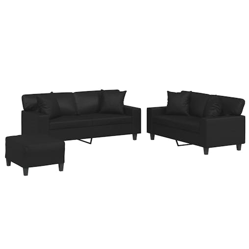 NNEVL 3 Piece Sofa Set with Pillows Black Faux Leather