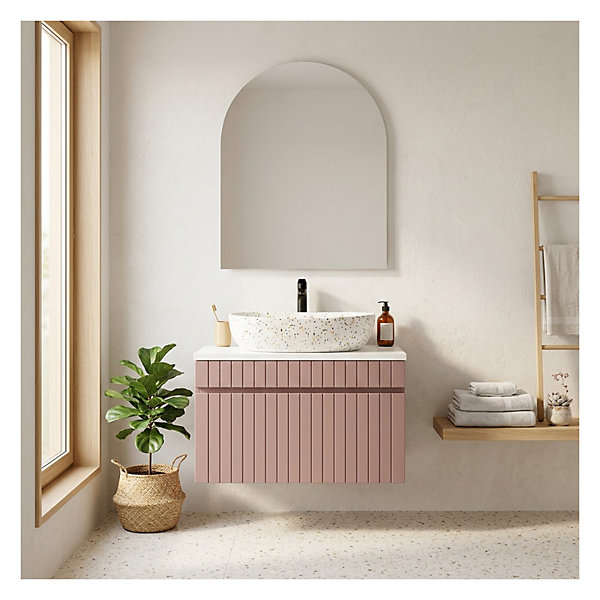 Ensemble ICON : meuble sous vasque 80cm rose poudré et plan pour vasque blanc et vasque à poser mouchetée