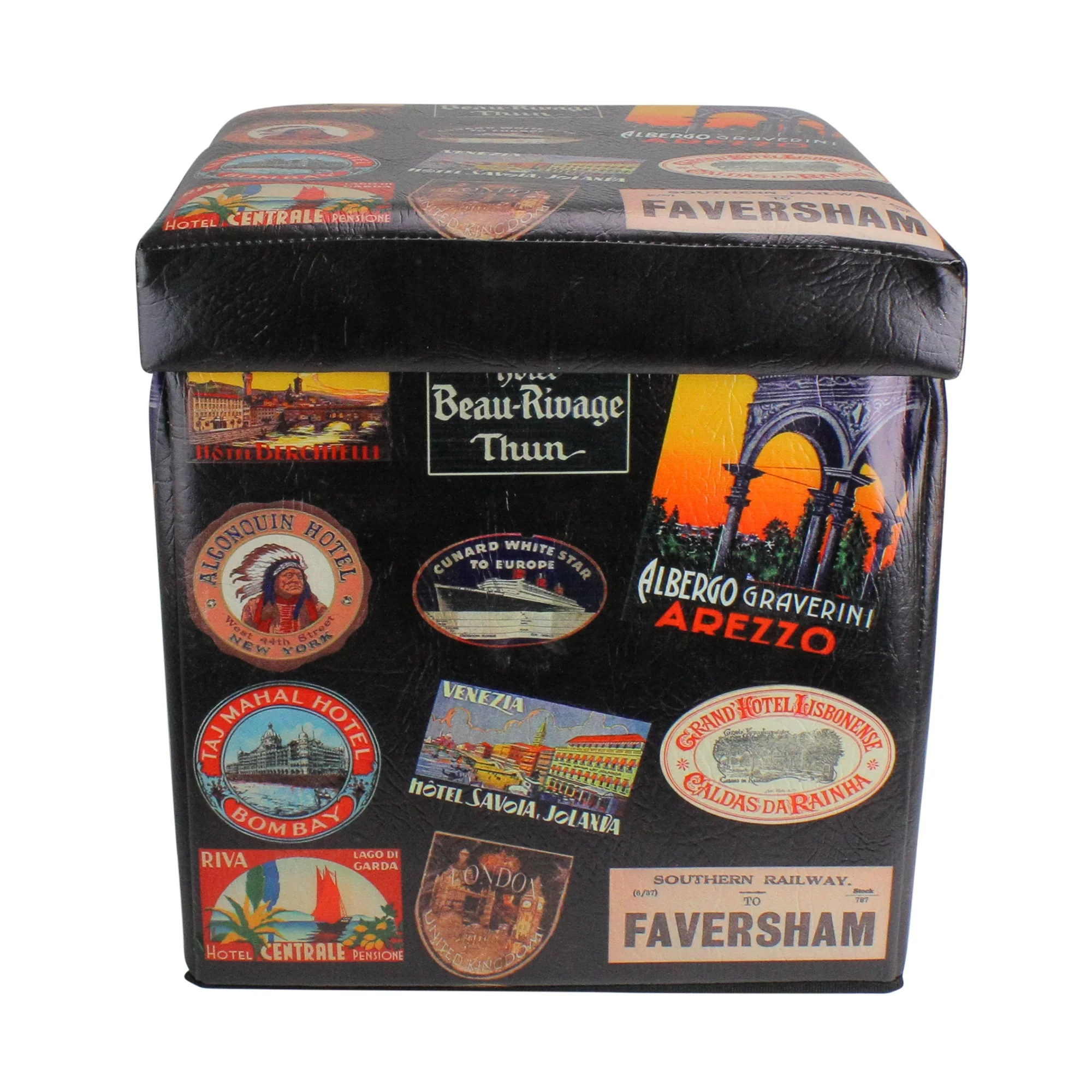 15Brown Travel Stickers Collapsible Wooden Storage Ottoman