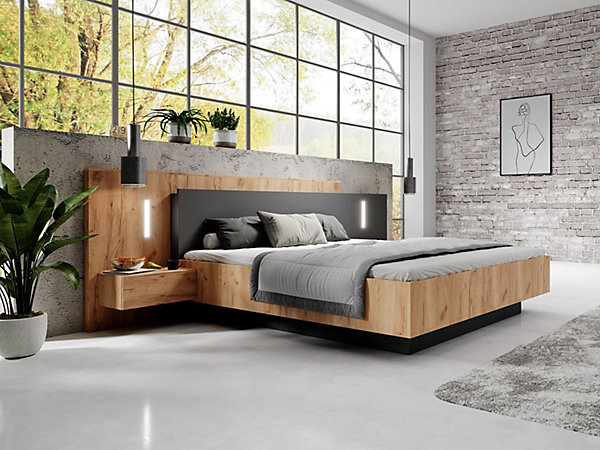 Lit avec chevets 140 x 190 cm - 2 tiroirs - Avec LEDs - Coloris : Naturel et anthracite   Sommier   Matelas Confort - FRANCOLI
