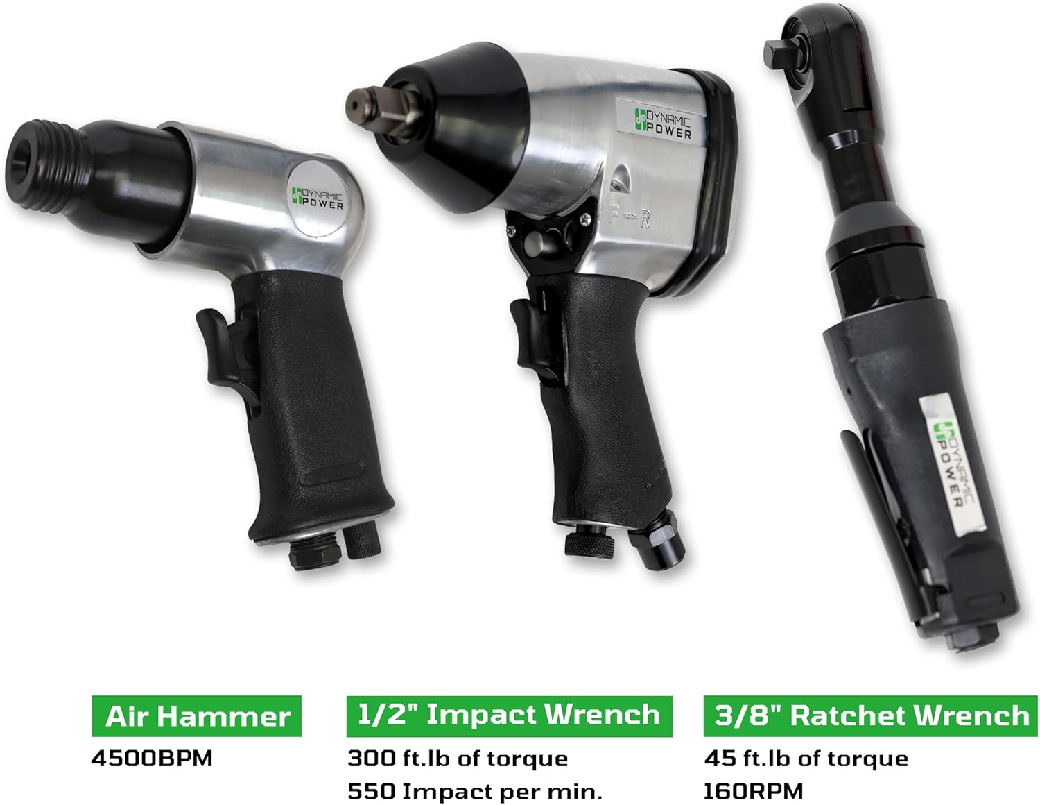 DYNAMIC POWER 50 Pieces Air Tool Kit. 1-1/2'' Impact Wrench, 1-3/8'' Ratchet Wrench, 5-Air Hammer w/Chisels, and other great tool accessories. D-W3-50K
