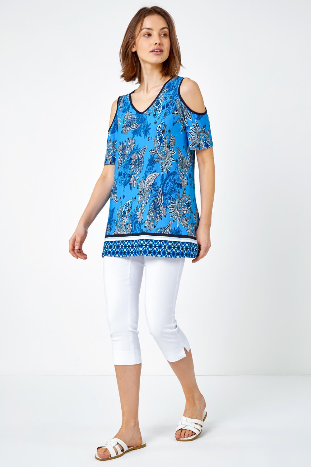 Roman Paisley Border V-Neck Cold Shoulder Top