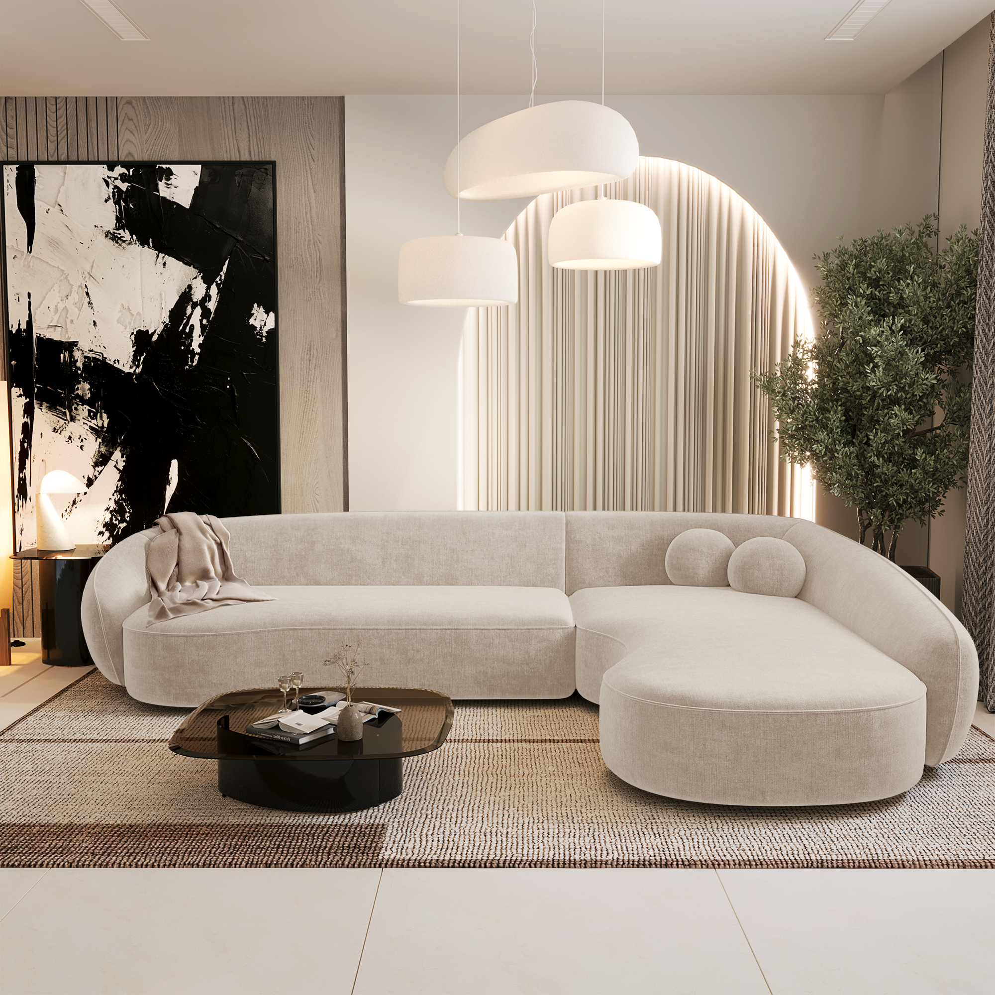 Rechte hoekbanken COOPER 4 personen Zacht geweven stof Crème