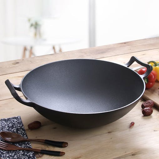 SOGA 2X 32cm Commercial Cast Iron Wok FryPan with Wooden Lid Fry Pan