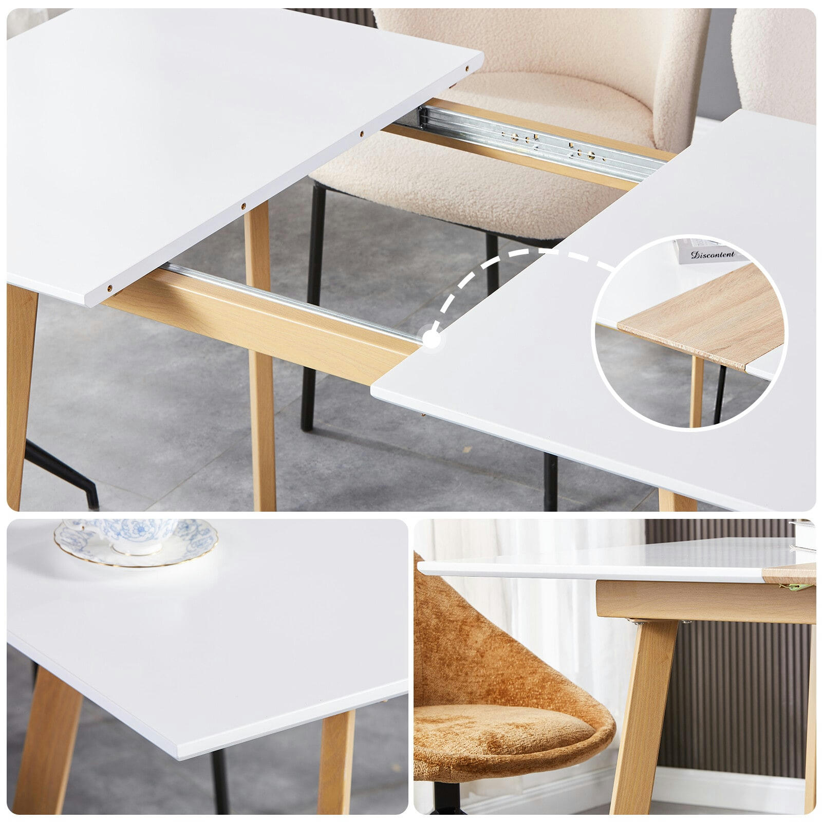 - Table extensible rectangulaire blanc aspect bois 110-140