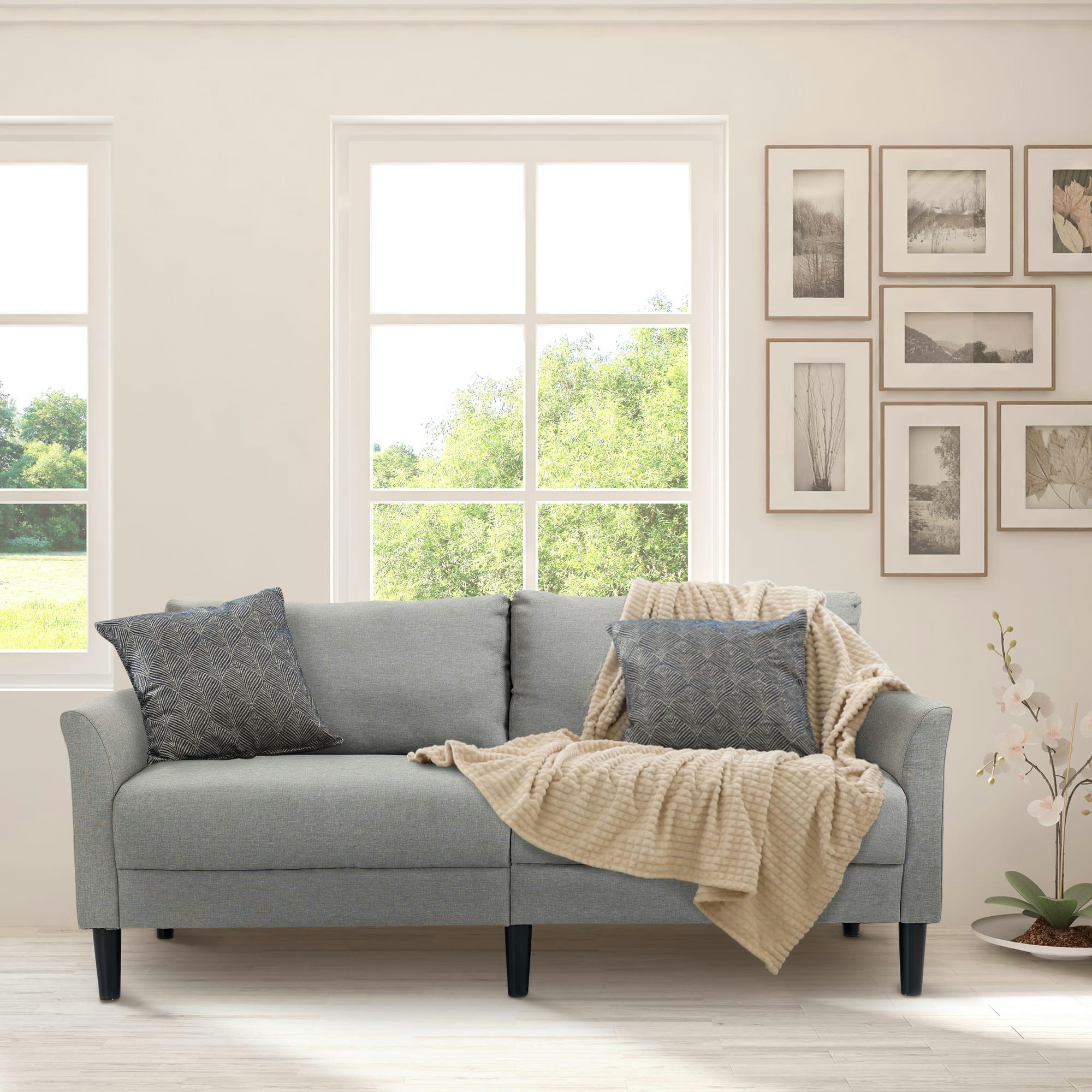 - Canapé 2 places contemporain accoudoirs courbés bois tissu gris clair