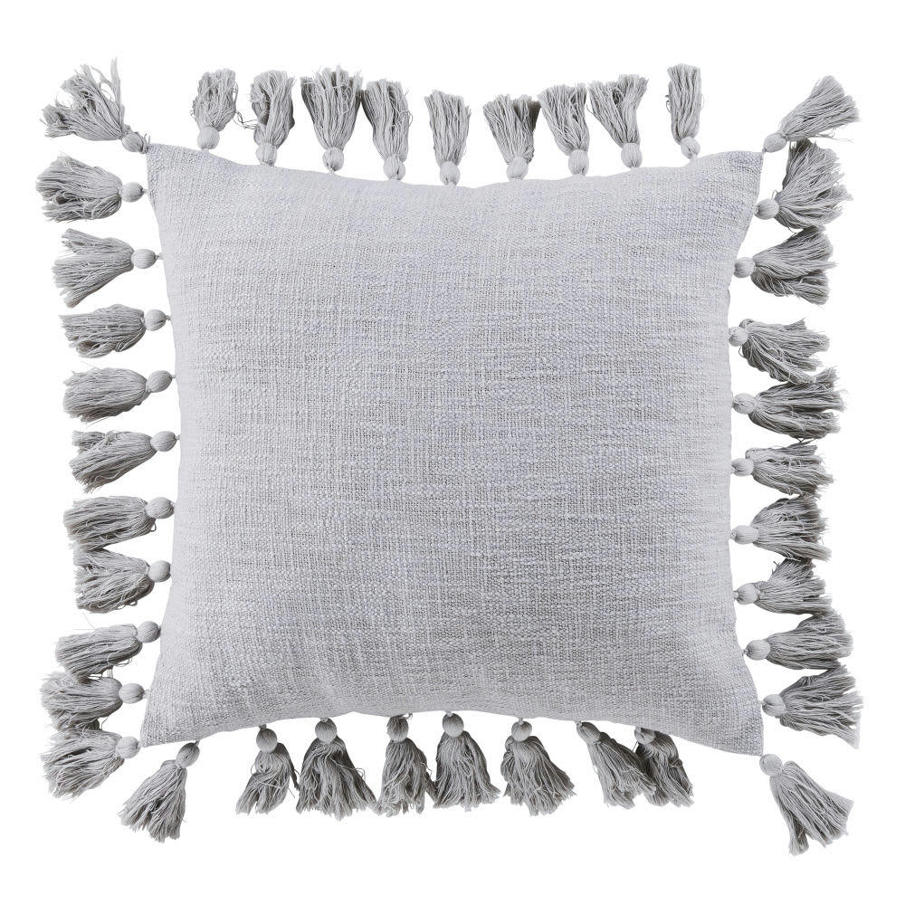 LIMANA - Coussin en coton recyclé tissé gris avec pompons 50x50