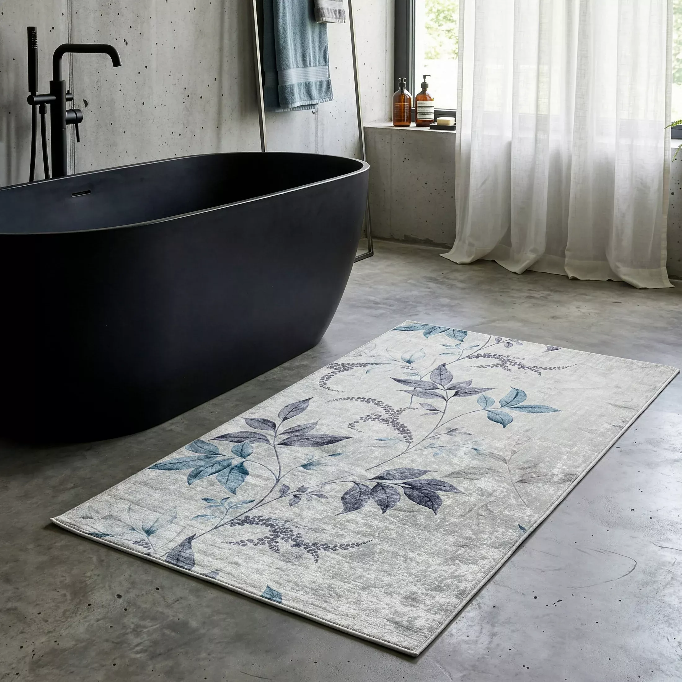 Dywan 80x140 cm kremowo, niebieski zdobiony motywem roślinnym LOTUS 6