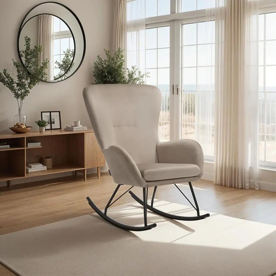 tectake Schommelstoel Swing met stalen glijders en dikke bekleding, Zwart/Taupe