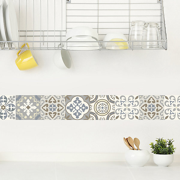 Frise Adhésive Mofis Carreaux de Ciment Ancien, 15 cm x 300 cm, Gris et Beige, Autocollante, Décoration Intérieure, Borgatella
