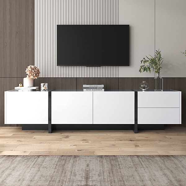 Meuble TV lowboard blanc noir portes tiroirs etageres integrees design epure moderne avec panneau et pieds bloc
