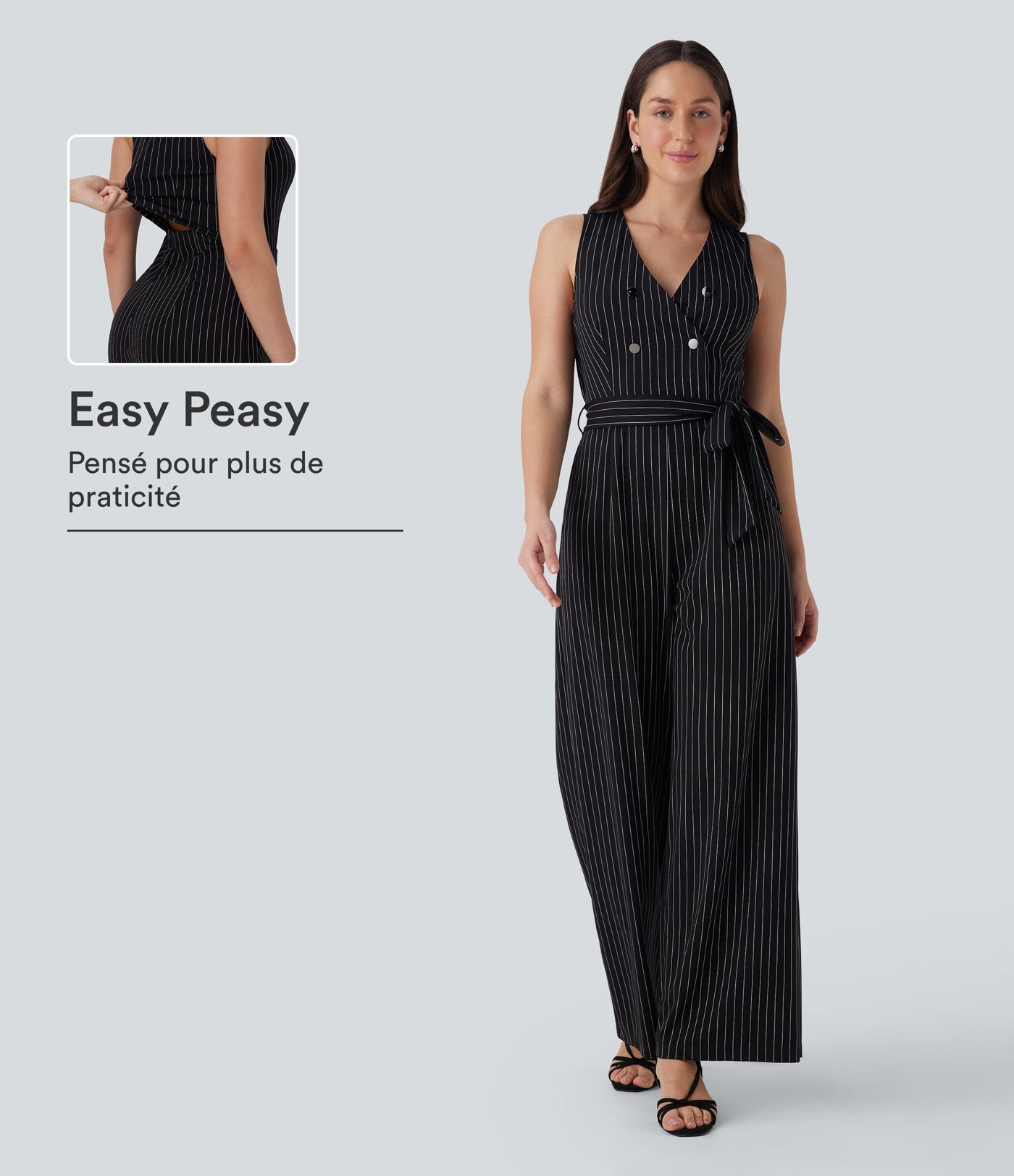 Combinaison tailleur sans manches à col V, ceinturée, avec zip invisible, rayures et effet frais avec poches, accès facile Easy Peasy