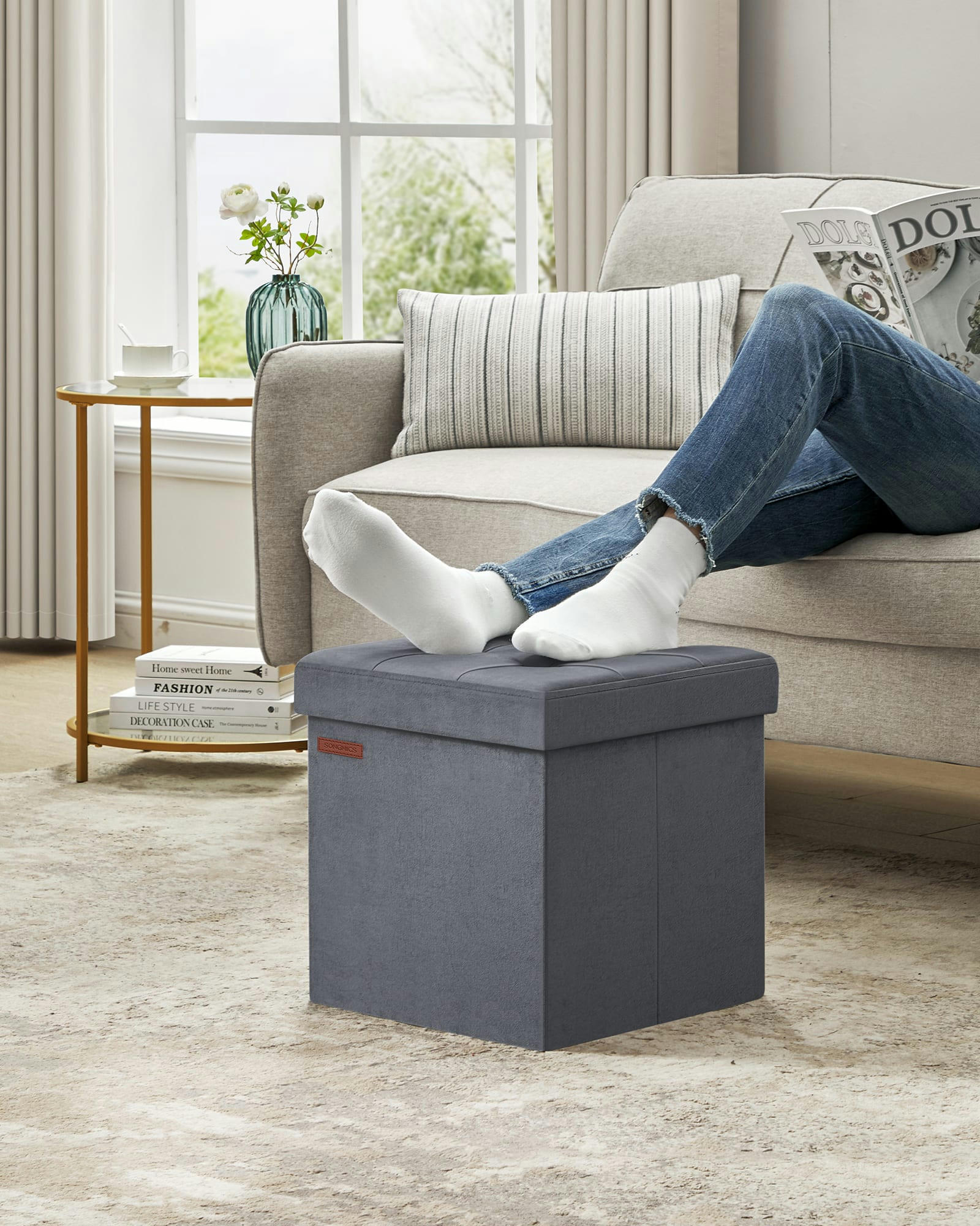- Banc de rangement mdf 38 x 38 x 38 cm velours gris ardoise