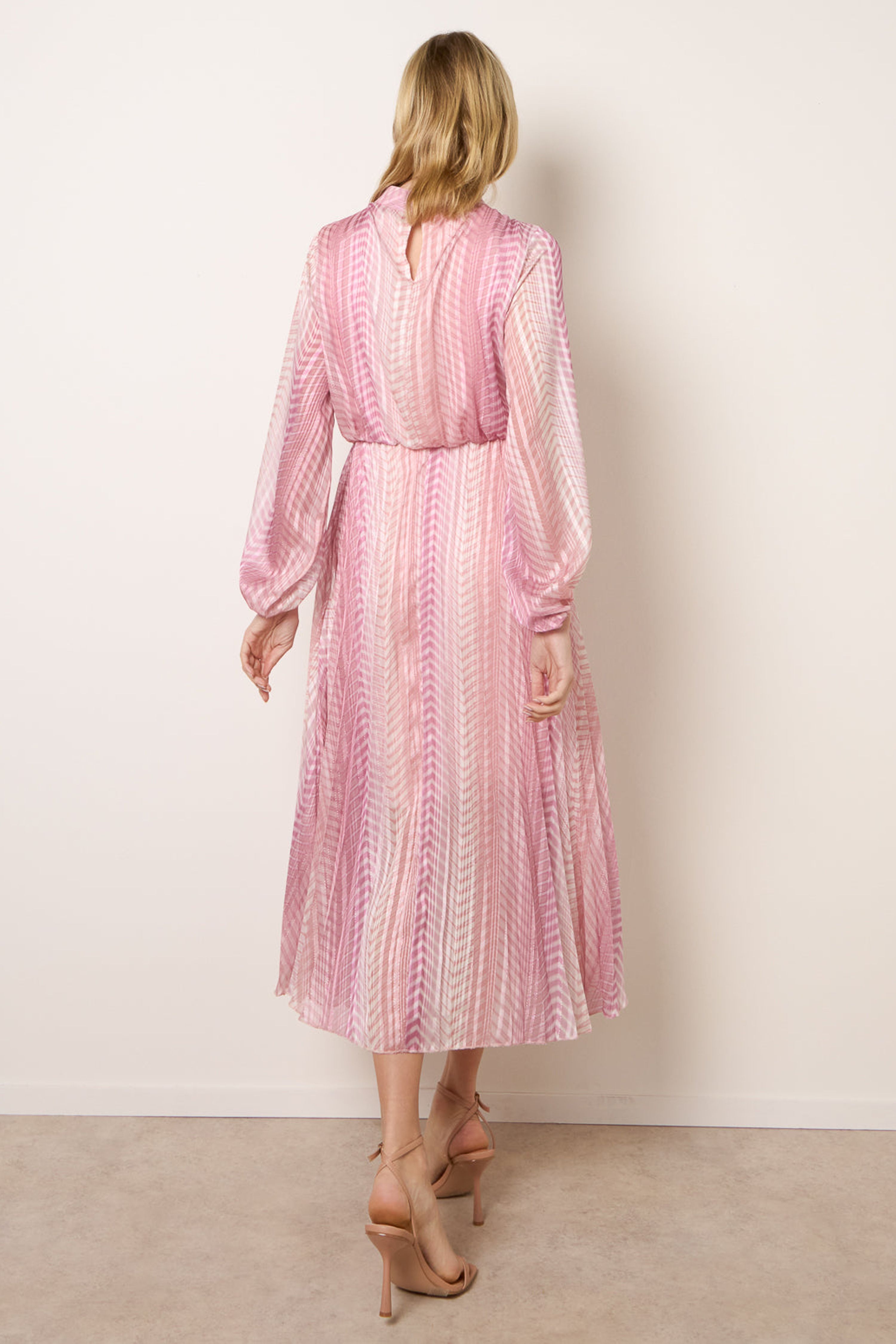 Blue Vanilla Pink Zig Zag Metallic High Neck Puffball Pleated Dress
