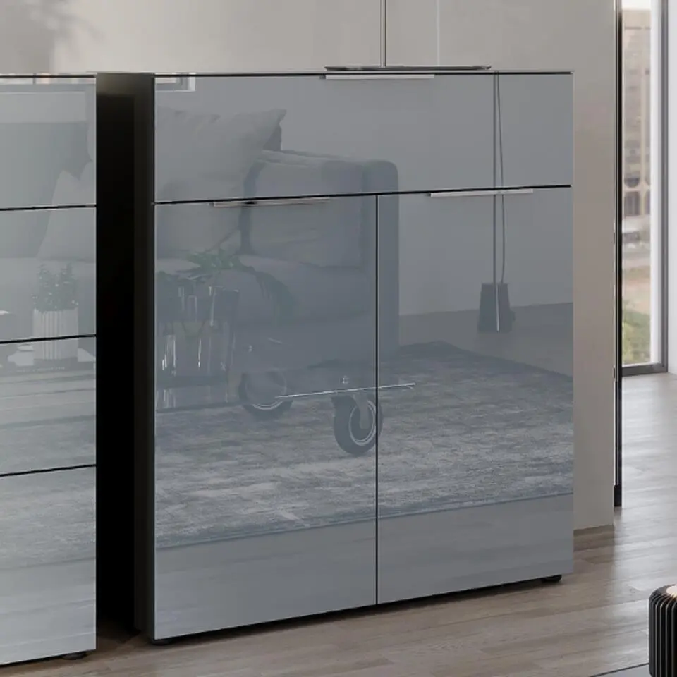 Commode Dudek met 2 deuren; 1 lade - fronten in glas - grafiet/zilvergrijs