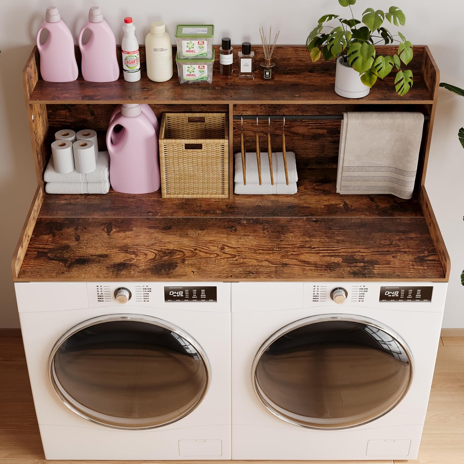 Unionly 2-Tier Washer Dryer Countertop with Clothes Rail，Laundry Topper with Edge and Non-Slip Pad for Washer and Dryer Laundry Hamper Counter Storage Organization (Rustic Brown, Full)
