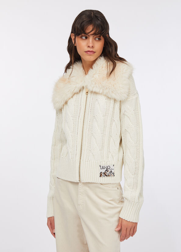 Cardigan in lana con pelliccia sintetica