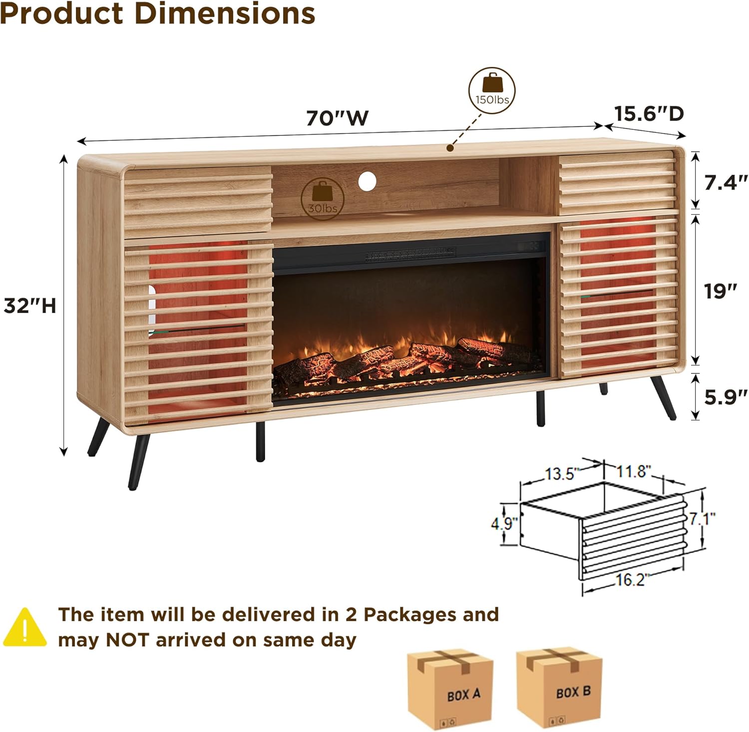 OKD Fireplace TV Stand for 80 Inch TV, Mid Century Modern Entertainment Center w/36 Electric Fireplace & LED Lights, Wood Media Console w/Sliding Slatted Doors & Storage Shelf, Natural Oak