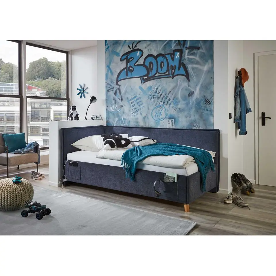 Eenpersoonsbed Ollie - Met rugleuning - 120 x 200 cm - Donkerblauw design