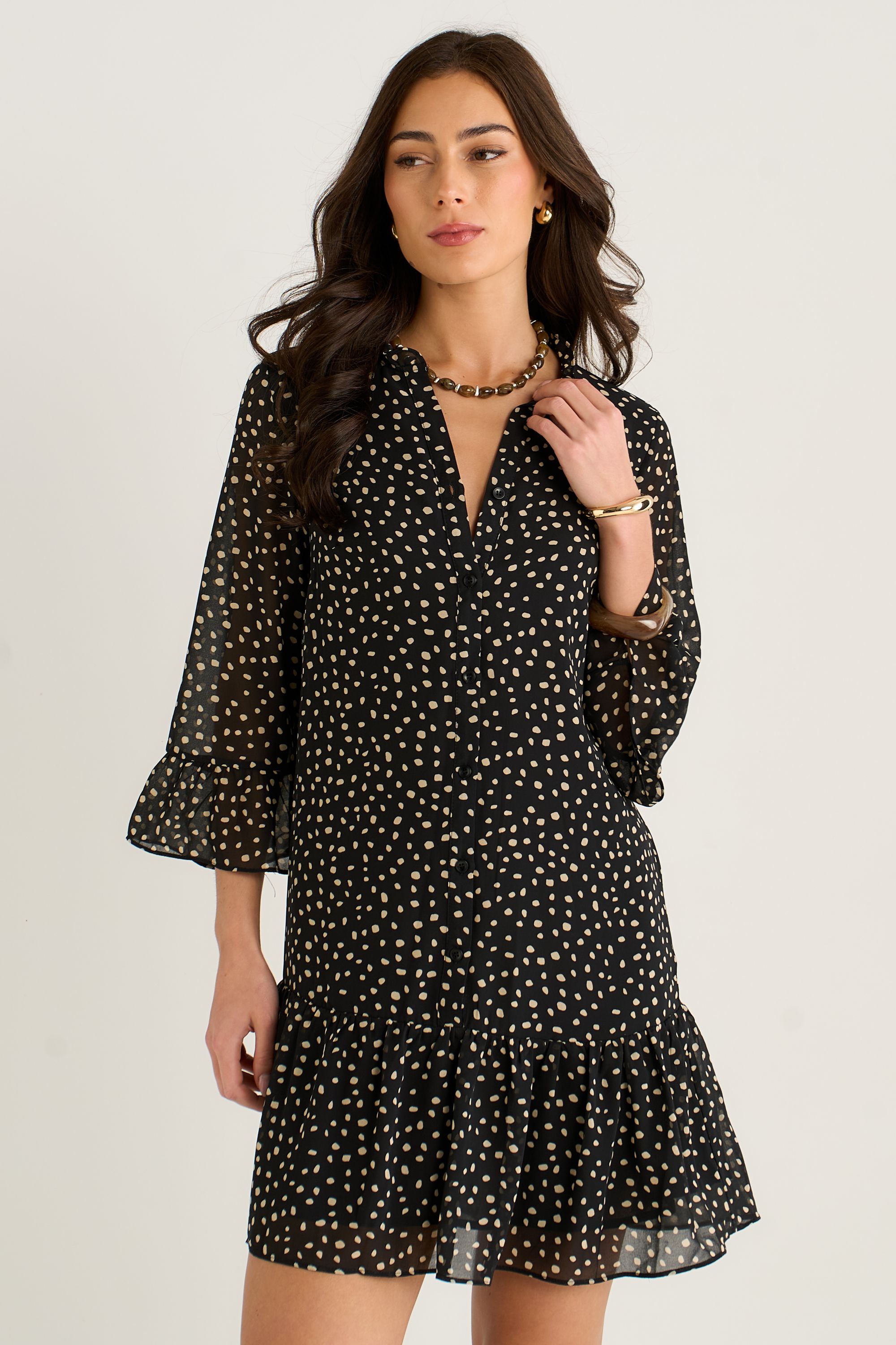 Gini London Black/Beige Animal Spot Shirt Mini Dress