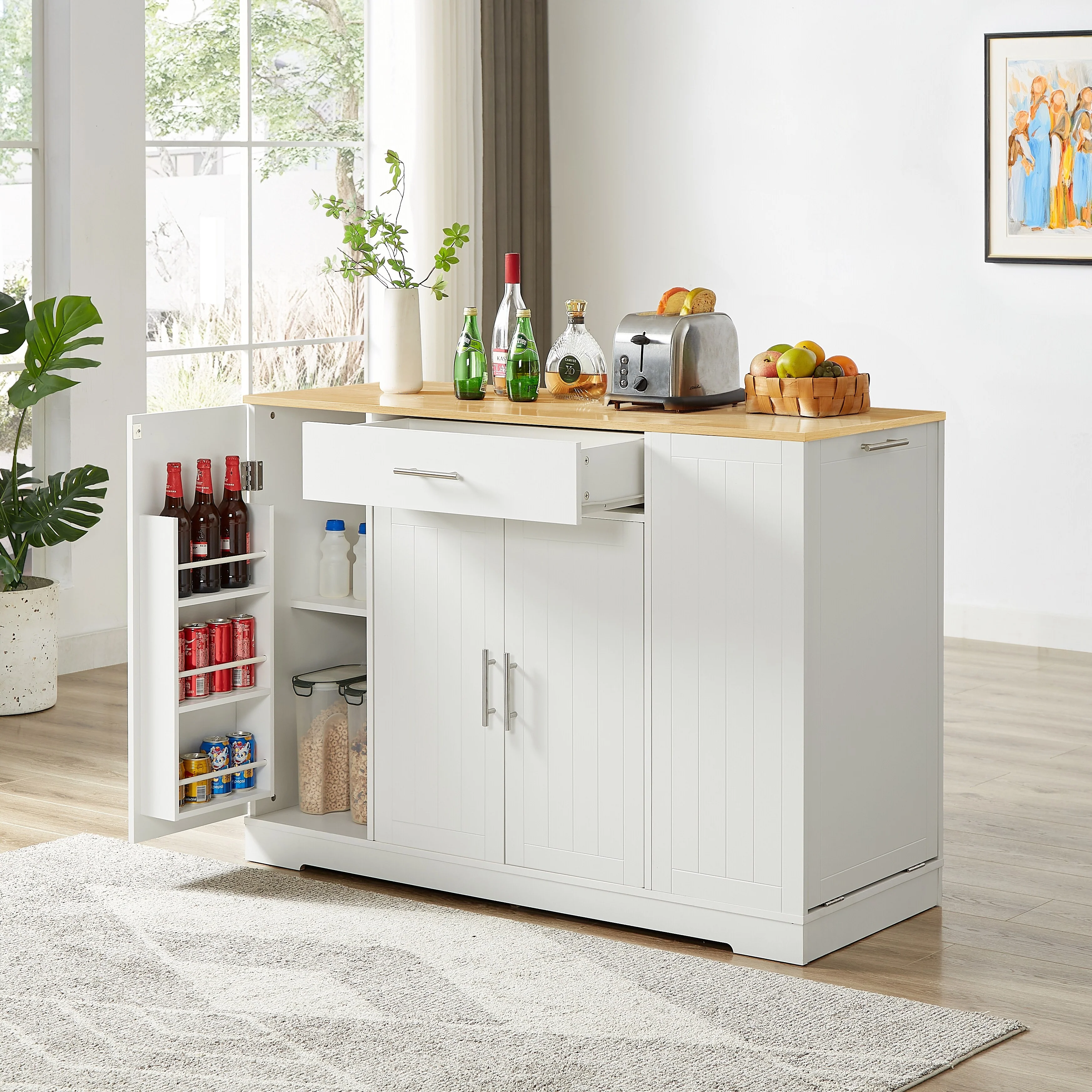53''Kitchen Storage Islands with Drawers and Trash Can Storage for Kitchen & Dining.Modern Farmhouse Design