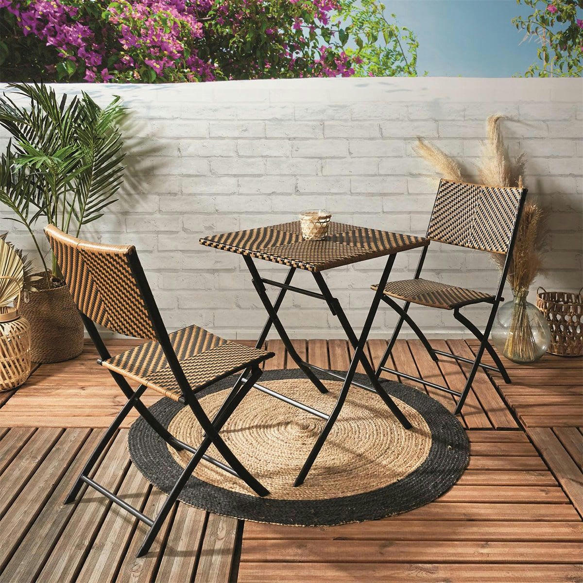 VALHA - Table  carrée pliable 60cm tressée marron et noir