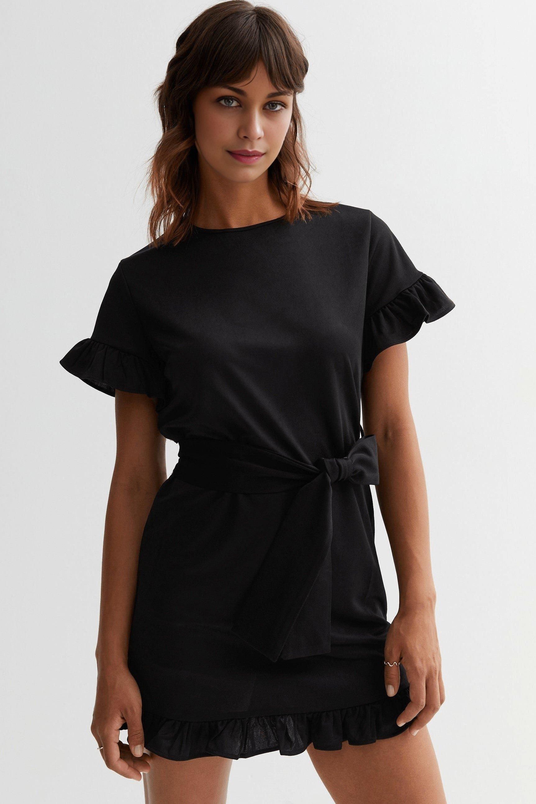 Cutie London Short Sleeve Frill A-Line Mini Dress in Black
