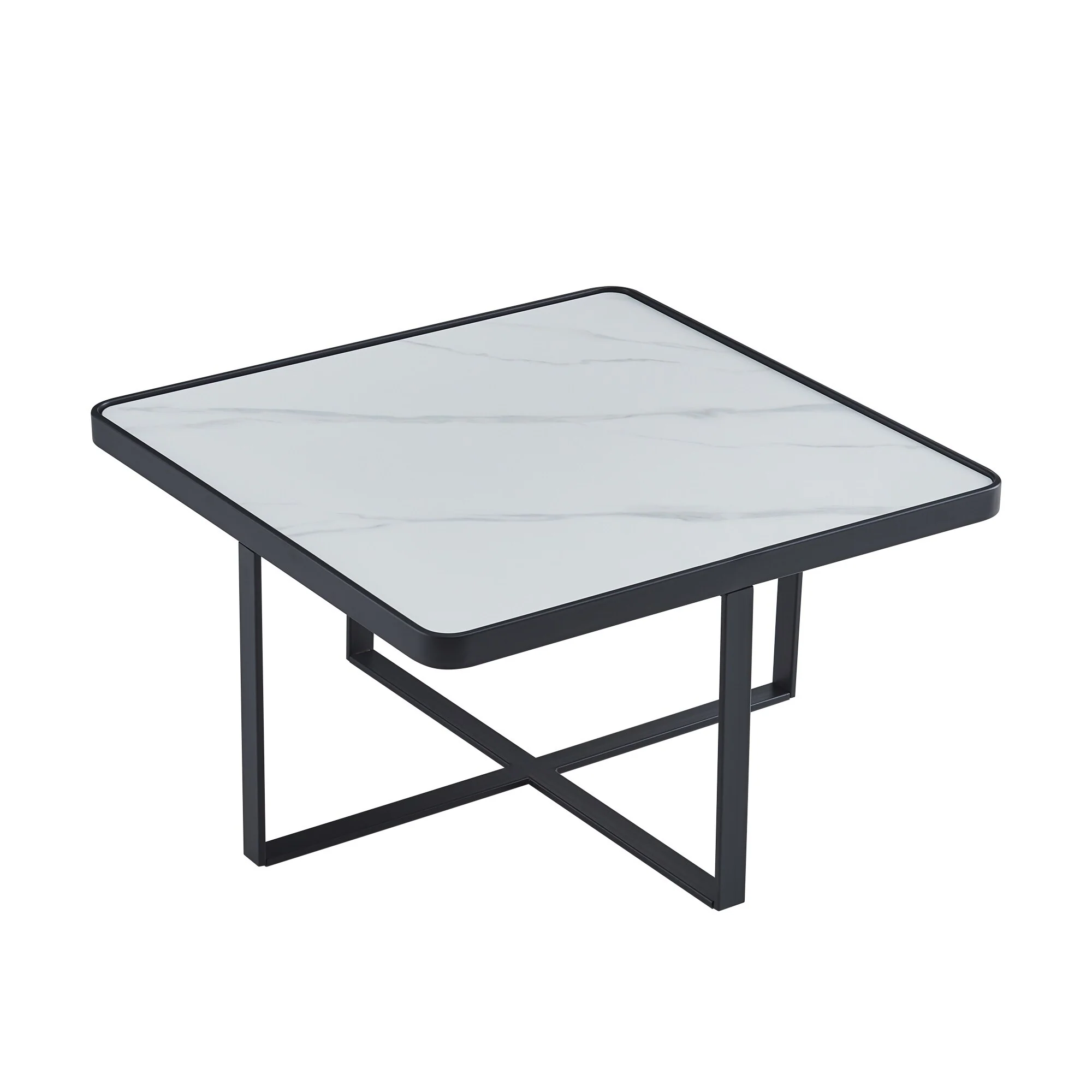 Matte Black Minimalism Square coffee table with metal frame and marble tabletop - 31.5 In. L x 31.5 In. W x 18.11 In. H