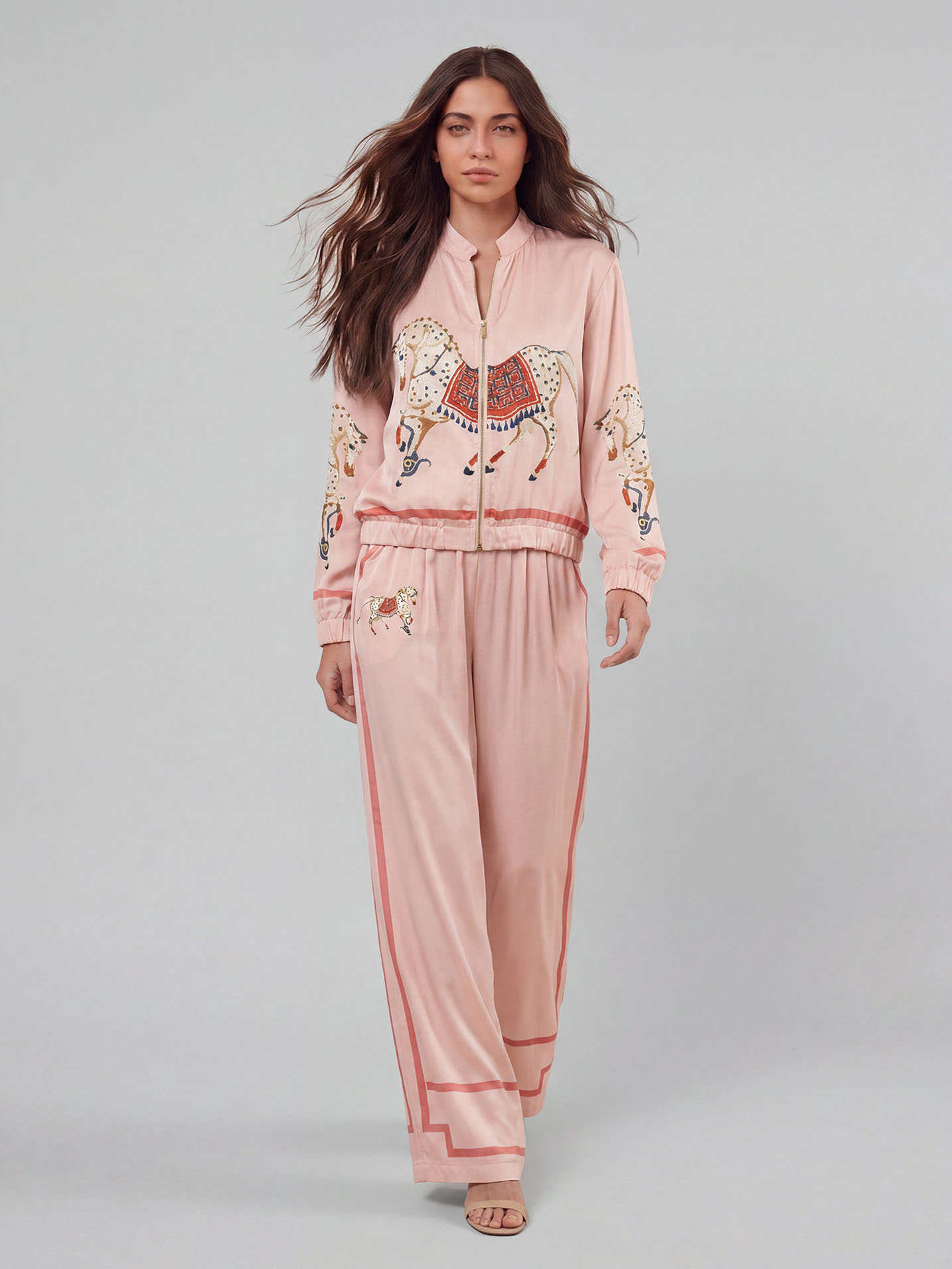 Exquisite Satin Horse Print Zip Jacket & Wide-Leg Pants Two-Piece Set