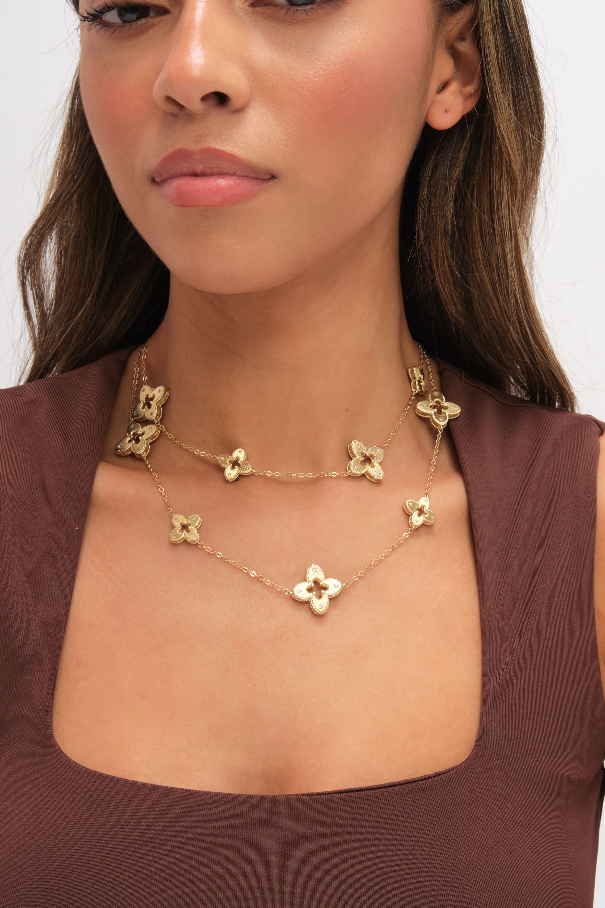 Jon Richard Gold Plated Textured Crystal Clover Long Necklace