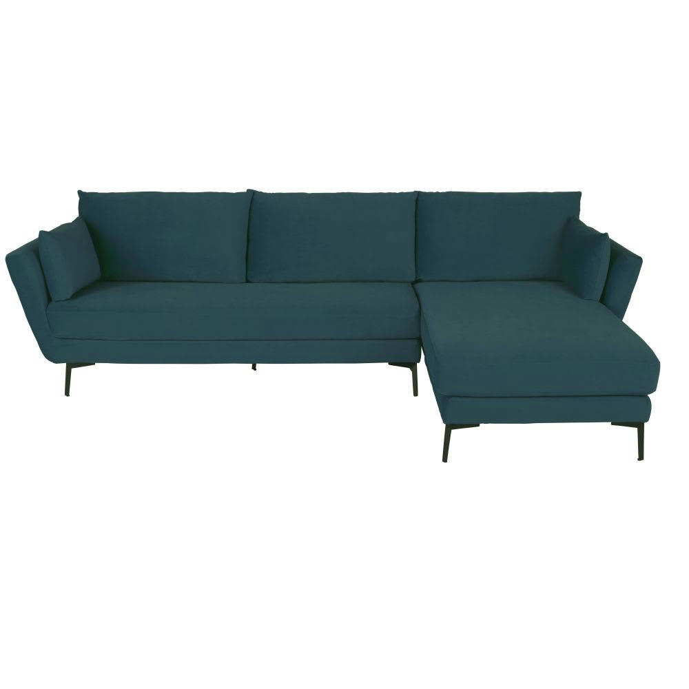 Prague - Canapé d'angle droit 4/5 places en velours bleu paon