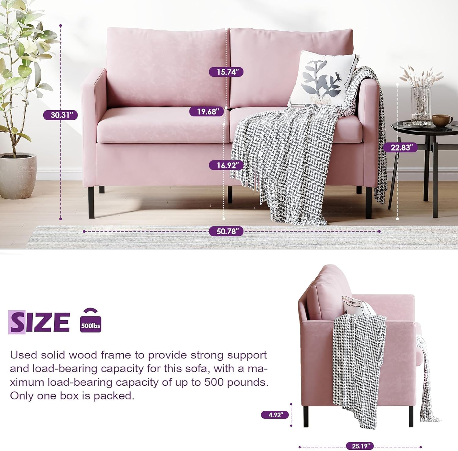TYBOATLE Love Seat Mid Century Modern Small Loveseat for Living Room, 51 W Mini Little Upholstered 2-Seater Love Seats w/Iron Legs for Compact Small Space, Apartment, Bedroom, Dorm, Office (Pink)