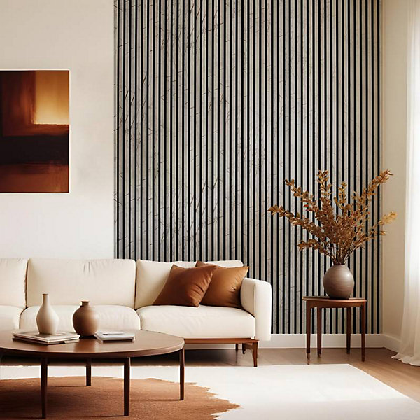 Panneau mural acoustique tasseaux bois 250 x 30 x 1,9 cm - décor marbre gris/feutrine noir - 0,75m²