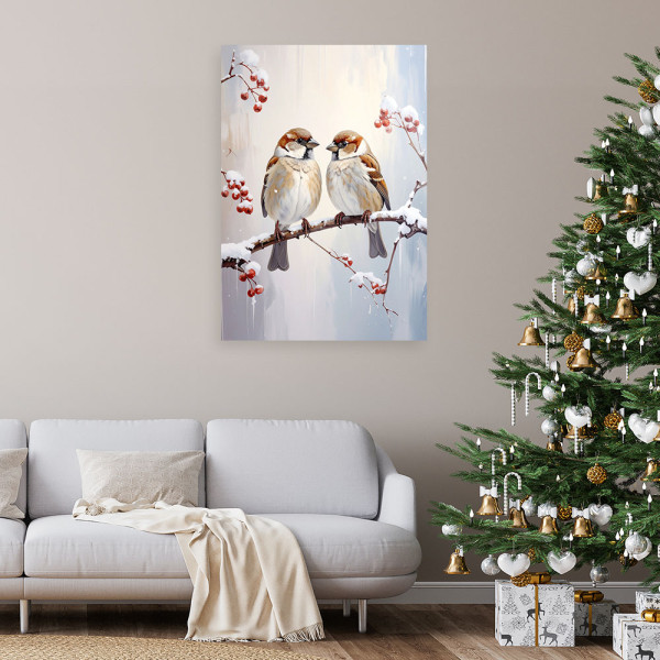Obraz do salonu sypialni biura, Ptaki na gałęzi w zimie i owoce 20x30