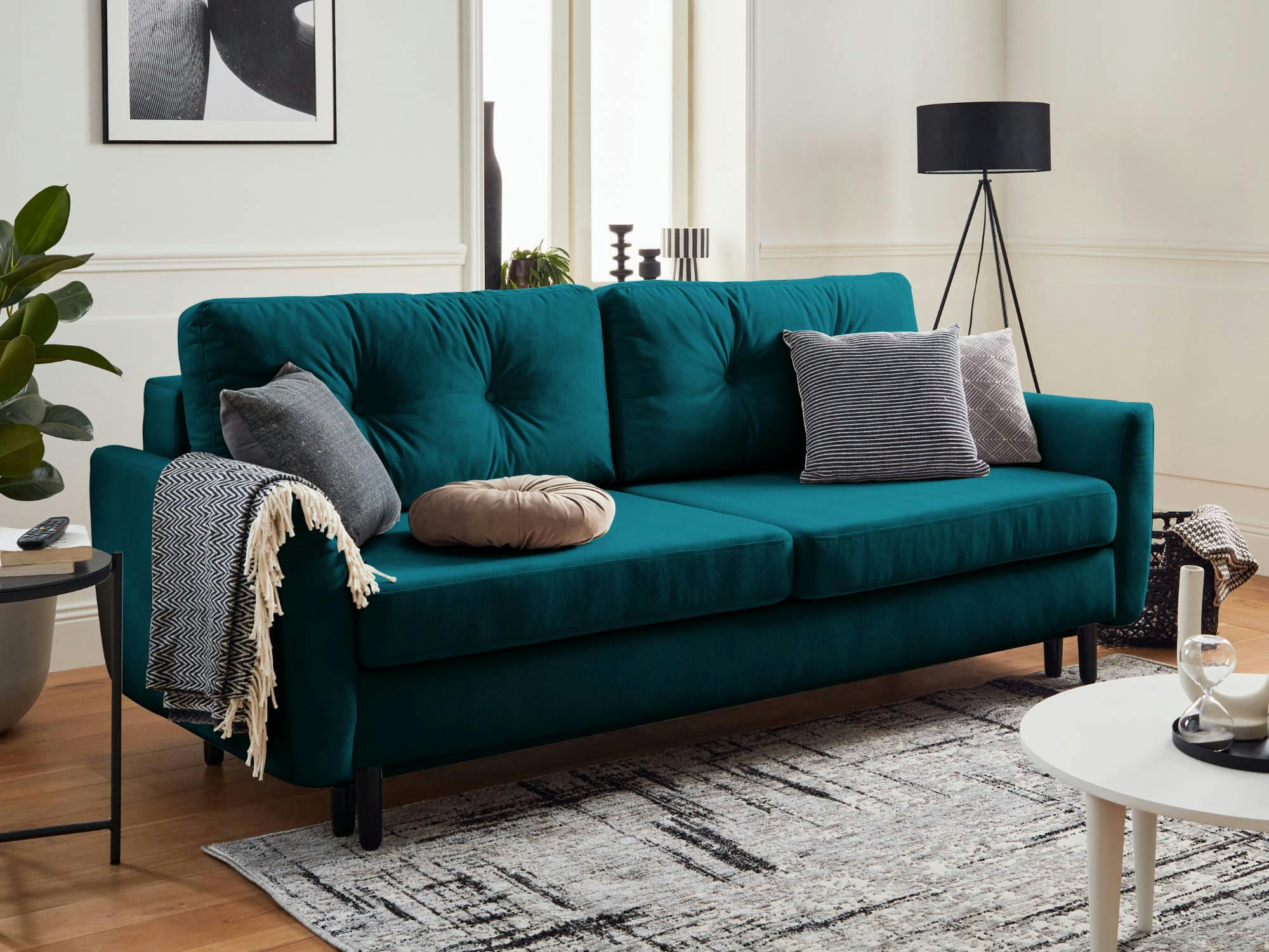 NILS - Canapé droit convertible 3 places en velours bleu canard