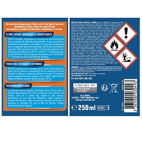 Aérosol mouches/moustiques recharge 250ml Kapo Expert