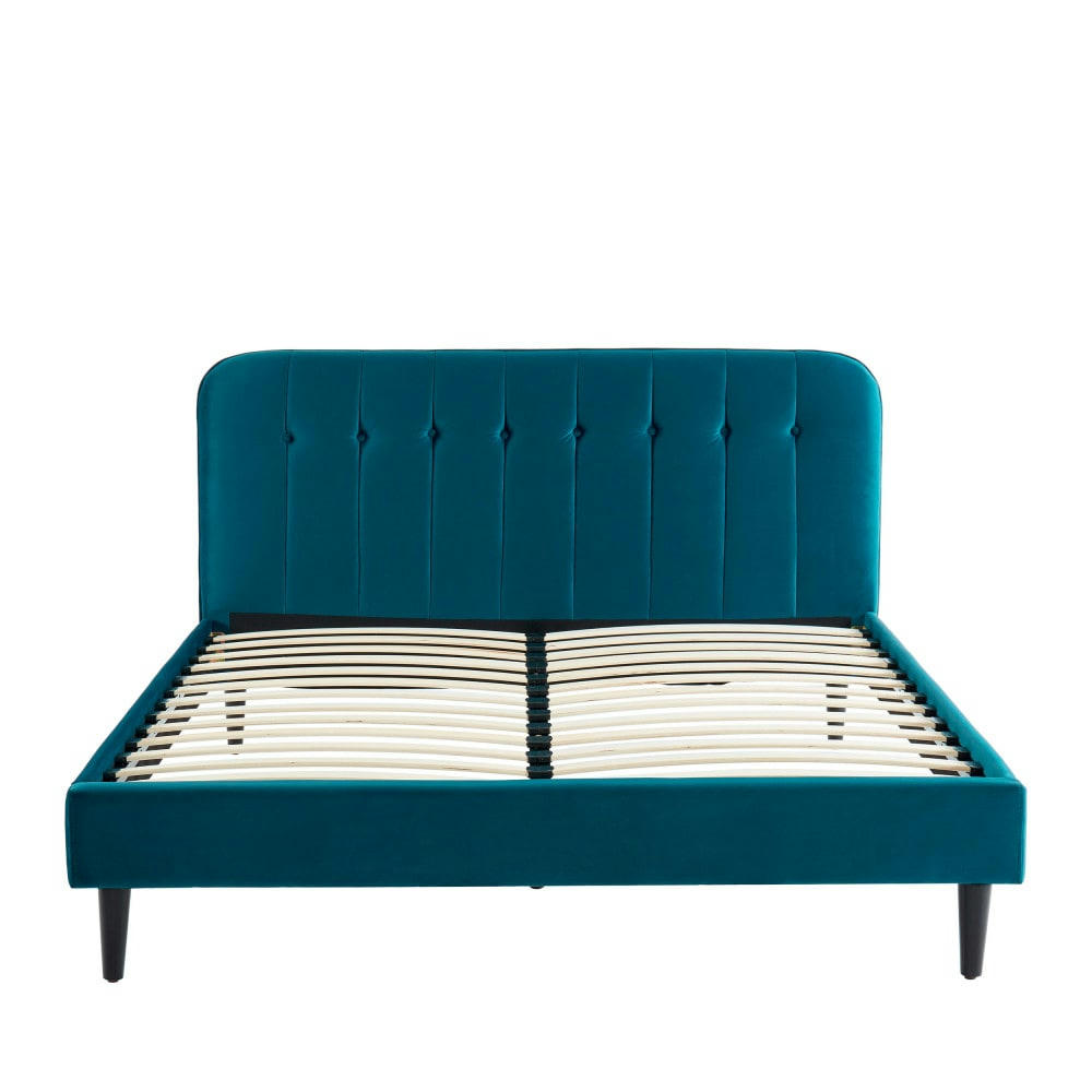 TORGO - Lit matelassé en velours 160x200cm bleu paon