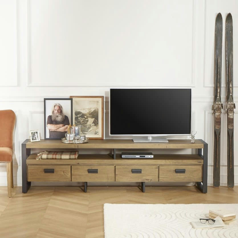 JACK - Meuble tv industriel bois et métal 2 tiroirs