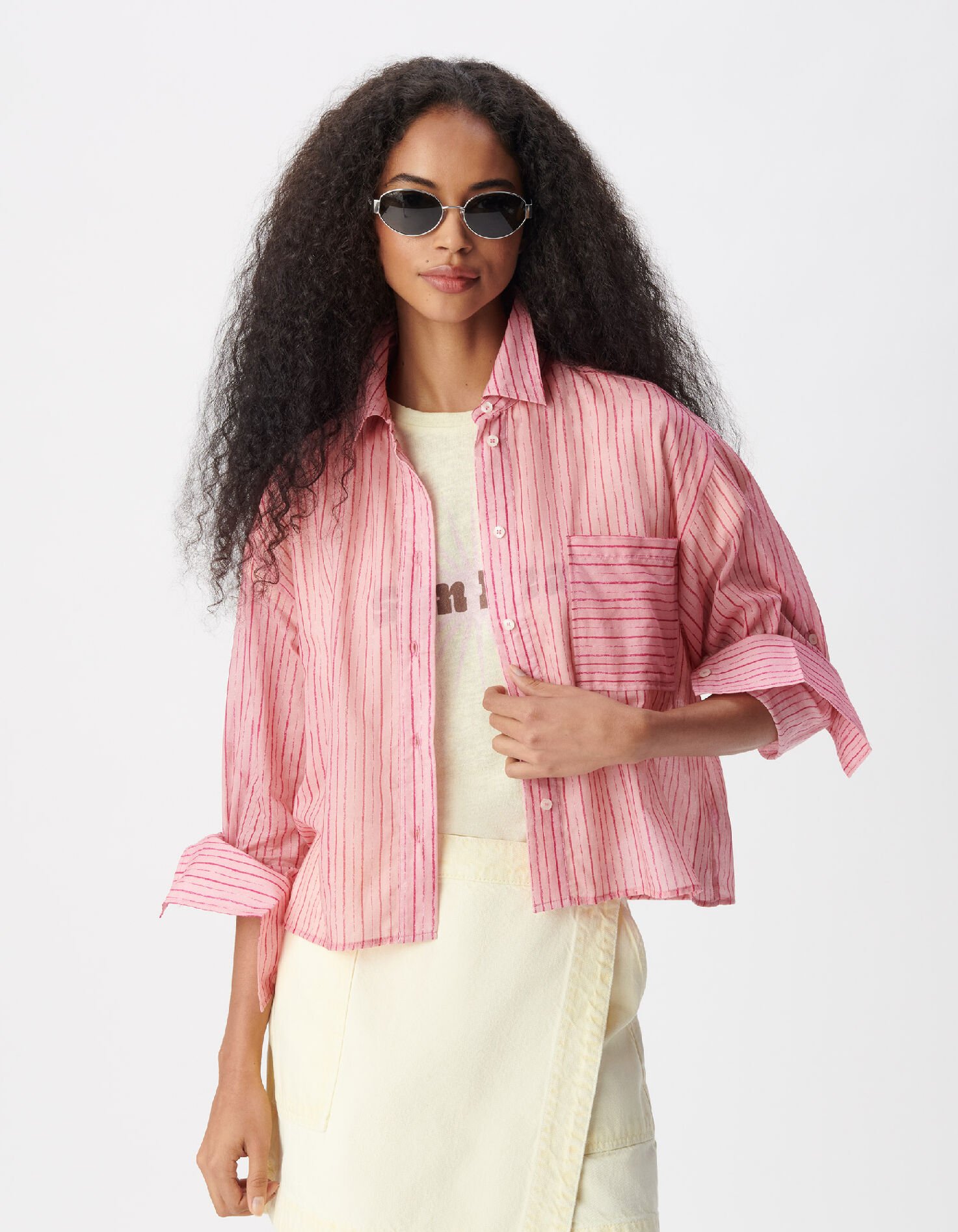Chemise rayée rose et rouge cropped Femme