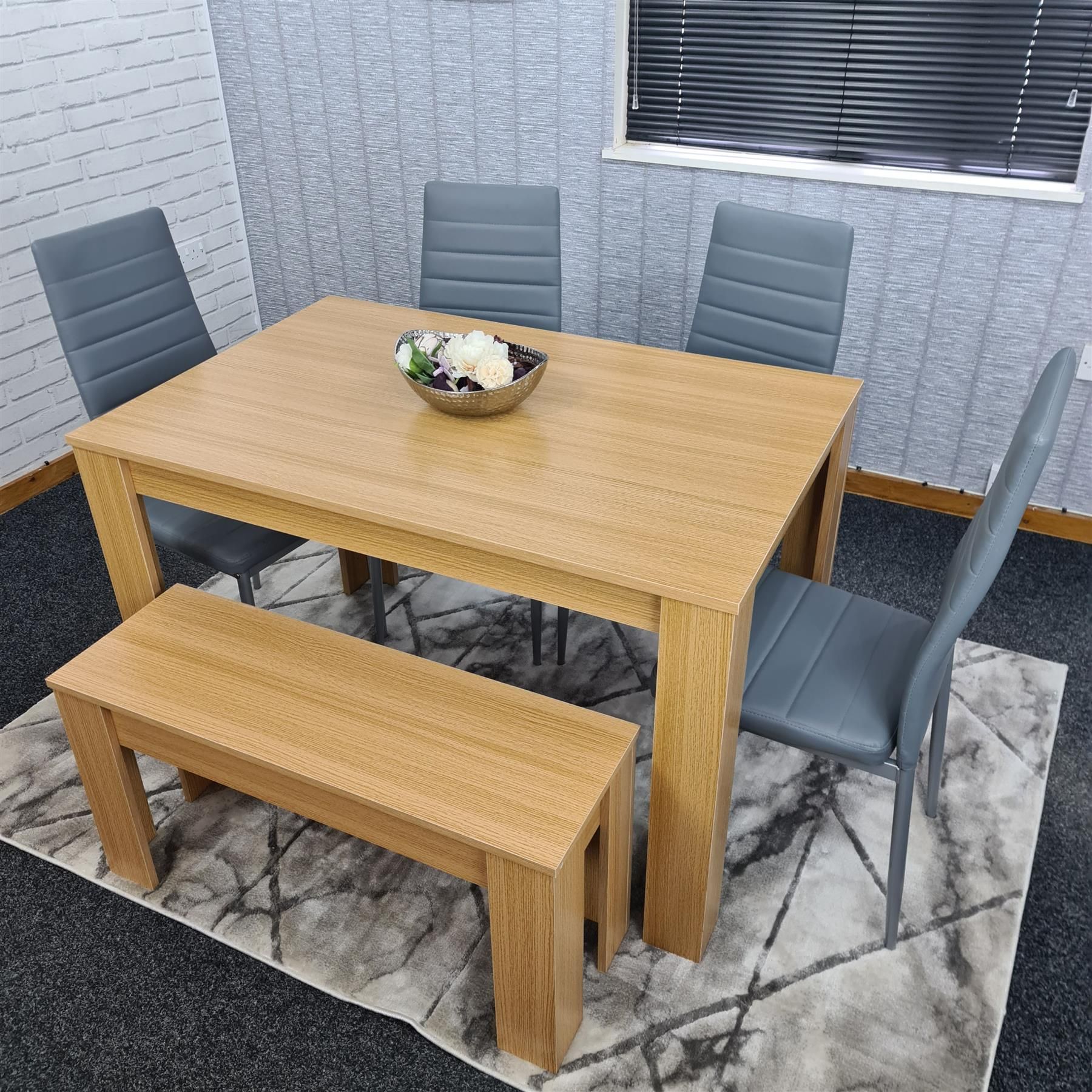 KOSY KOALA 6 Seater Light Wood Dining Table Set 4 Grey Faux Leather Chairs Bench