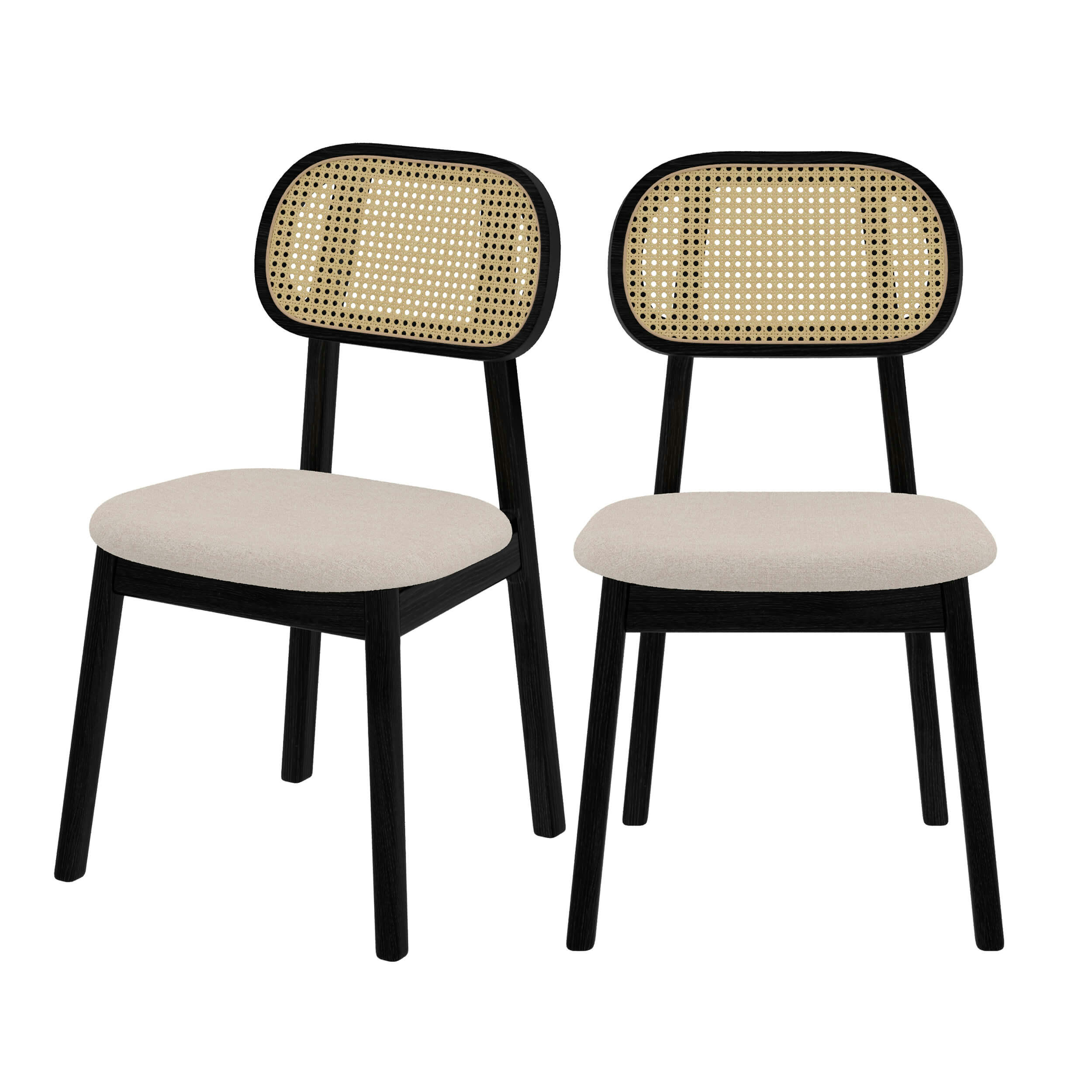 MARIA - Chaise en bois noir, tissu beige et rotin (lot de 2)