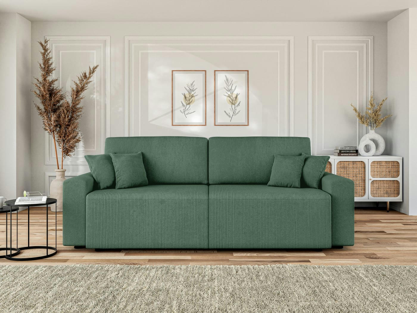 MILO - Canapé droit convertible en velours côtelé 3 places vert