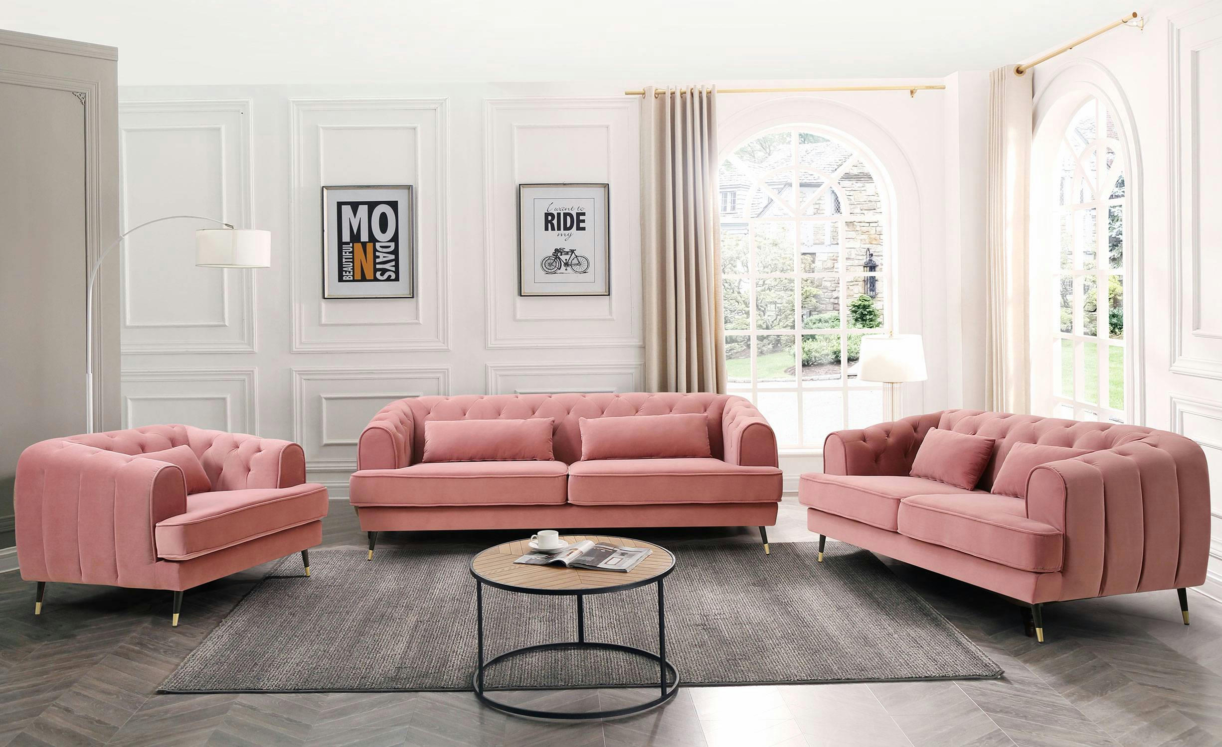 GLAMS - Canapé capitonné 3 places style boudoir velours rose poudré