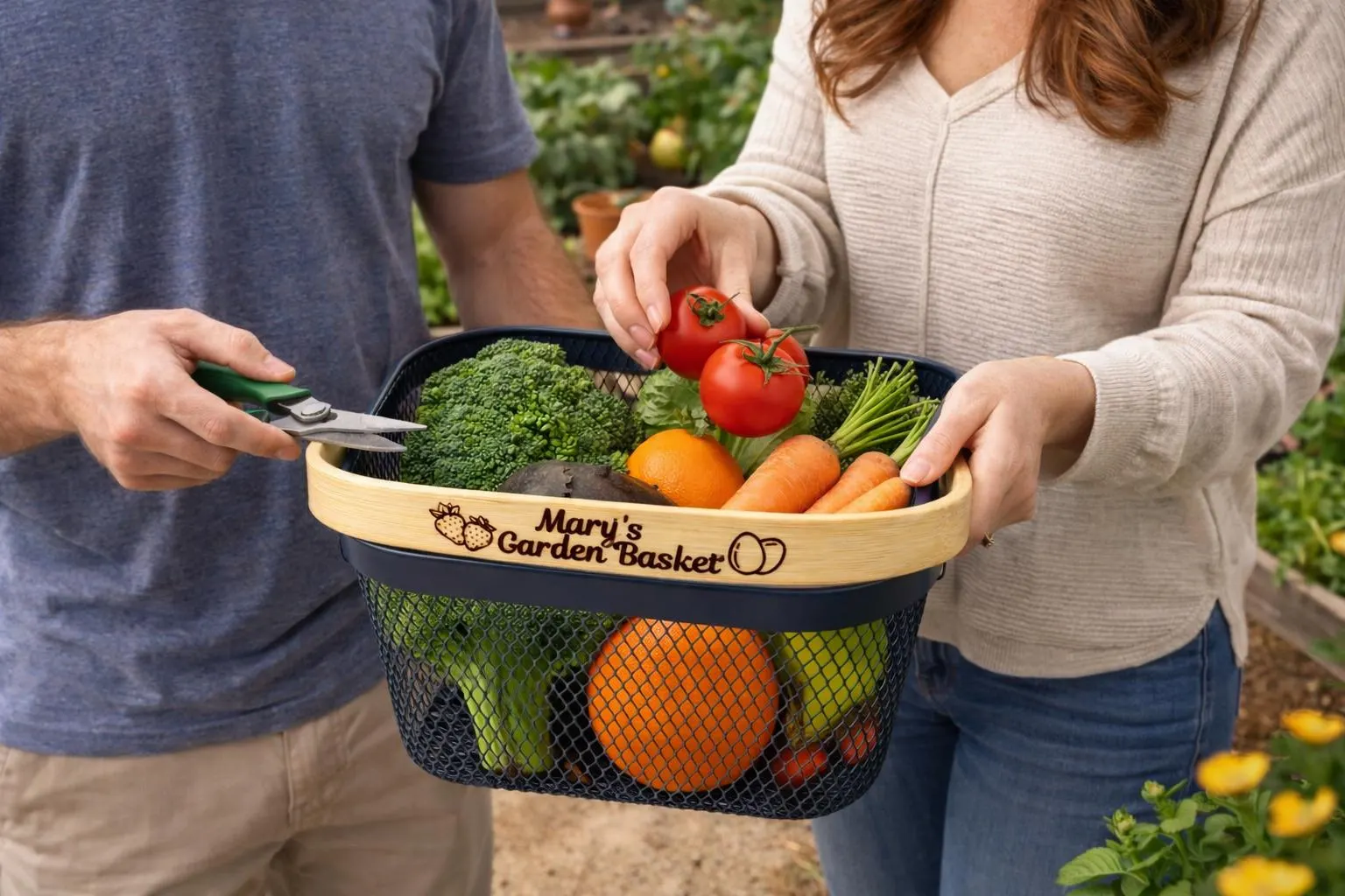 Custom Garden Harvest Basket – Personalized Dark Metal Mesh Vegetable Picking Basket, Unique Gardening Gift