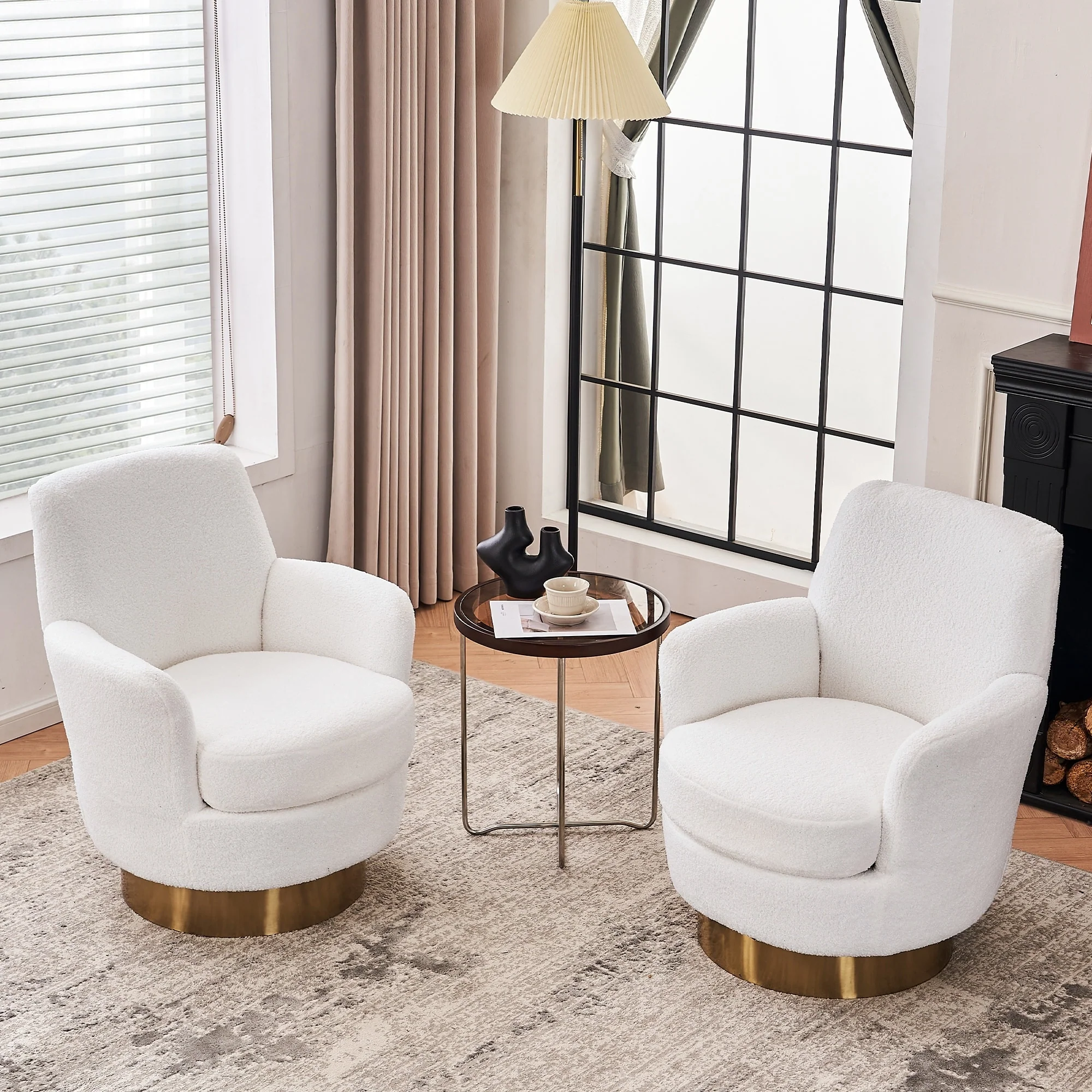 Upholstered Swivel Armchair with Golden Stainless Steel Base Barrel Chair for Living Room Bedroom, Set of 2