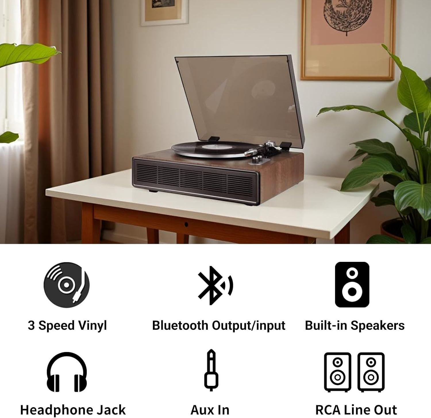 Vinyl Record Player with Bluetooth Input and Output  3 Speed Turntable Built in Speakers  RCA Output  AUX in  Earphone Jack  Retro Design for Home Audio