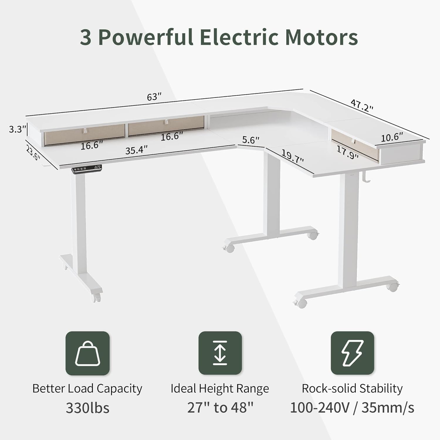 FEZIBO 63 Triple Motor L Shaped Standing Desk with 3 Drawers, 330LBS Electric Standing Gaming Office Desk L Shape, Pure White