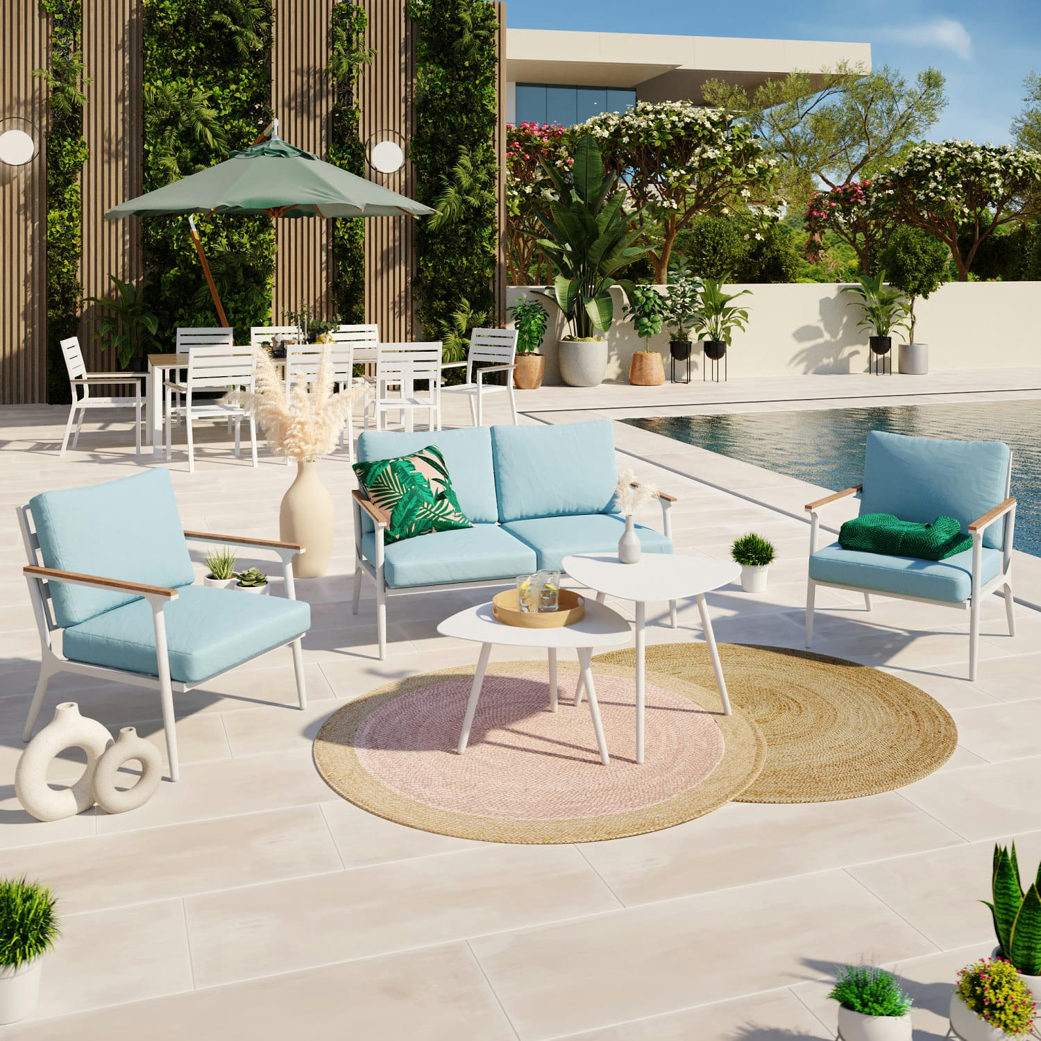 DAYO - Salon de jardin 4 personnes en aluminium blanc et bleu.