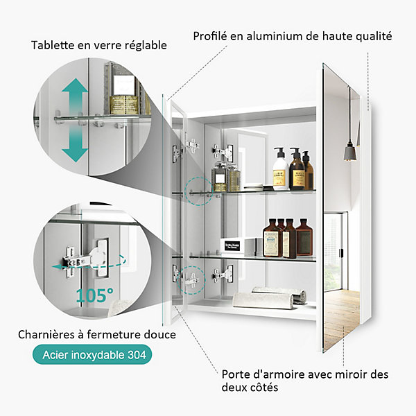 EMKE Armoire de toilette murale - Miroir double face, blanc mat - 60 x 65 cm - Fermeture douce - Tablettes en verre réglables