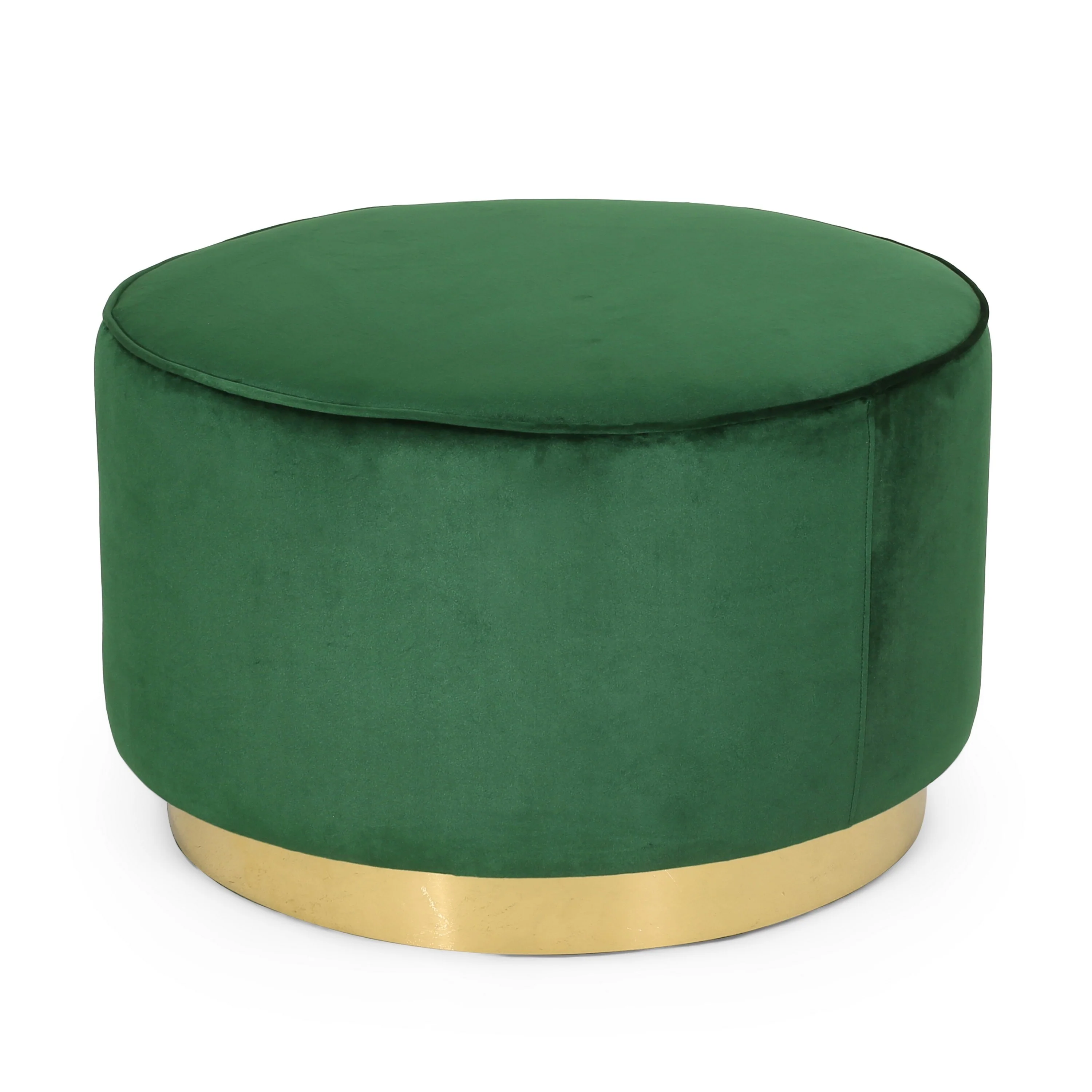 Caitlin Swivel Ottoman, Green Velvet, Golden Metal Base, Round 28 Inch